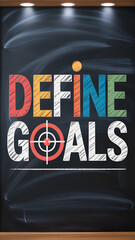 Blackboard under spotlights with "DEFINE GOALS" text and red target graphic
