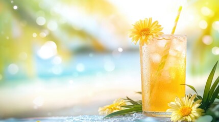 Refreshing Citrus Drink with Straw and Flowers in Bright Sunlight