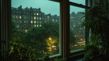 Looking out a single big window from an apartment in edinburgh, with the city as the view. It's raining and gloomy. And it is also night time. The scene is set in the evening.