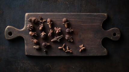 Assorted Whole Spices on Rustic Wooden Cutting Board Top View