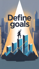 City skyline with spotlight on bar graph and "Define goals" text
