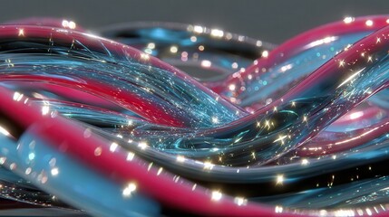 A futuristic abstract render of intertwined luminous structures made of liquid metal and glass, glowing in vibrant shades of color palette featuring #1684FC (blue), #E4483C.