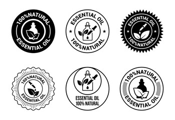 Essential oil icons set design, 100 percent essential oil icon for product certificate tag black on white background