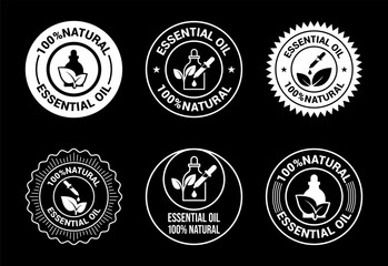 Essential oil icons set design, 100 percent essential oil icon for product certificate tag white on black background