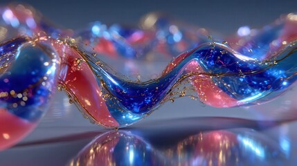 A futuristic abstract render of intertwined luminous structures made of liquid metal and glass, glowing in vibrant shades of color palette featuring #1684FC (blue), #E4483C.