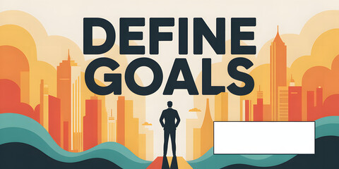 Businessman silhouette with orange cityscape and "DEFINE GOALS" text
