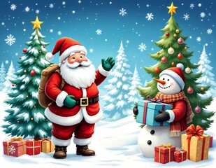 Santa Claus and Snowman Delivering Christmas Gifts in Winter Wonderland