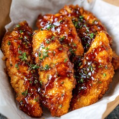 Easy Air Fryer Chicken Tenders coated with Sweet Garlic Glaze, no garnish, mouthwatering, sticky, glazed, appetizing and wet. strictly no garnish, no herbs at all on top.