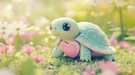 Cute turtle figurine sits on grass surrounded by colorful flowers in a sunny garden
