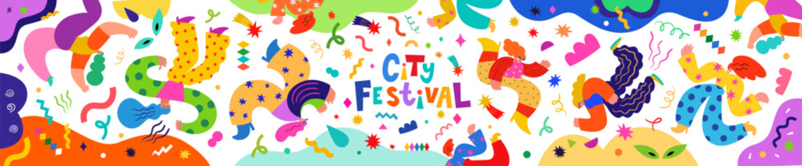 Beautiful holiday vector illustration with dancing people. City Festival banner