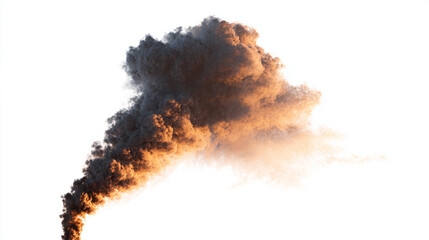 Volcanic eruption smoke column with ash clouds minimal on white