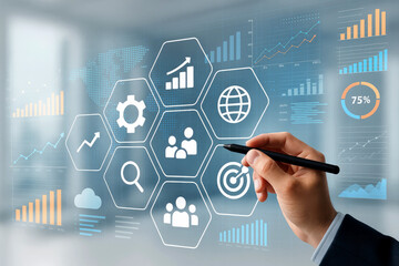 Hand interacting with digital interface displaying business analytics and global data