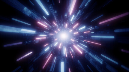 Naklejka premium Abstract background in blue and purple neon glow colors. Speed of light in galaxy. Explosion in universe. Space background for event, party, carnival, celebration, anniversary or