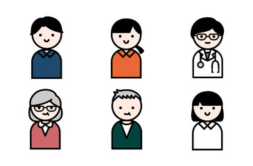 介護 介護福祉士男女と高齢者男女、医者と看護師