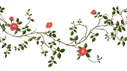 Wild rose vines climbing in curved spirals minimal on white