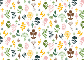 A mix of colorful botanical elements such as flowers with different petal