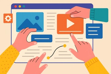 Hands collaborating on digital interface design with colorful elements collaboration