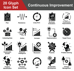 Continuous Improvement Icon Set Collection. Containing Plan, Resistance, Long Term, Business Evaluation, Collecting Data, Action, Increase, Implementation, Target. Simple Glyph Vector Illustration.