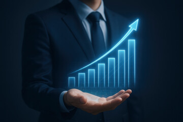 Financial investment profit income revenue business accounting analysis report planning growth success graph chart datum calculating machine concept with businessman holding rising bar chart hand