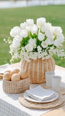 Elegant outdoor picnic setting with white tulips and fresh bread on a checkered tablecloth
