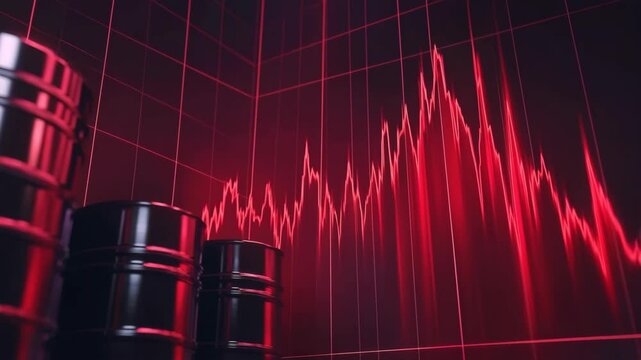 black oil barrels and red graph up. concept of a high jump in oil prices. rise in oil prices