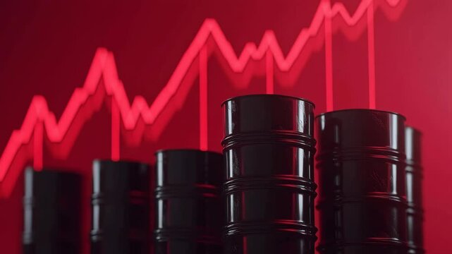 black oil barrels and red graph up. concept of a high jump in oil prices. rise in oil prices