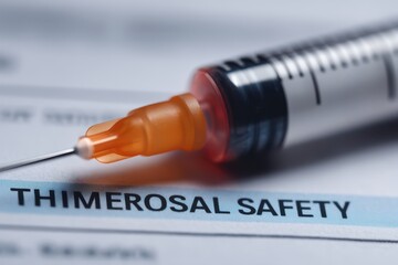 A close-up image of a syringe needle placed on a document labeled "Thimerosal Safety" highlighting vaccine safety concerns.