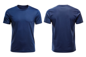 Navy blue t shirt front and back isolated on transparent background.