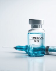 A close-up image of a medical vial labeled "Thimerosal Free" with a syringe, indicating a mercury-free vaccine or medication.