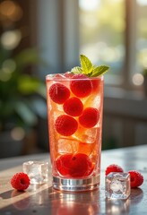 Refreshing raspberry cocktail with ice cubes in glass.