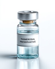 A clear glass vial labeled "Thimerosal Preservative" with a silver metal cap, containing a transparent liquid, isolated on a white background.