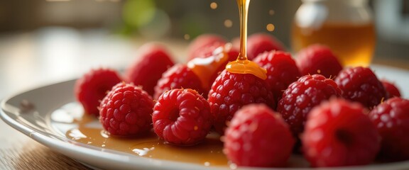 Fresh raspberries drizzled with golden honey on white plate.