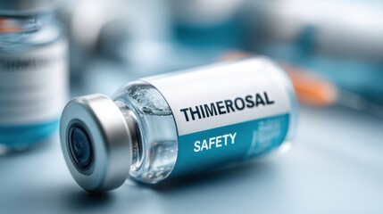 A close-up image of a medical vial labeled "Thimerosal Safety" with a blurred syringe in the background, emphasizing vaccine safety and preservatives.