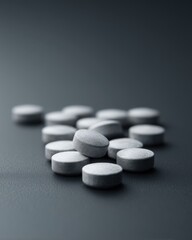 Close-up image of scattered gray tablets on a dark surface with a shallow depth of field.