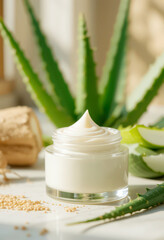 Natural skincare cream with aloe vera and ingredients.