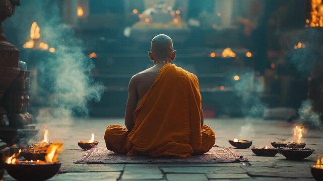 Monk doing puja or praying on diwali festival