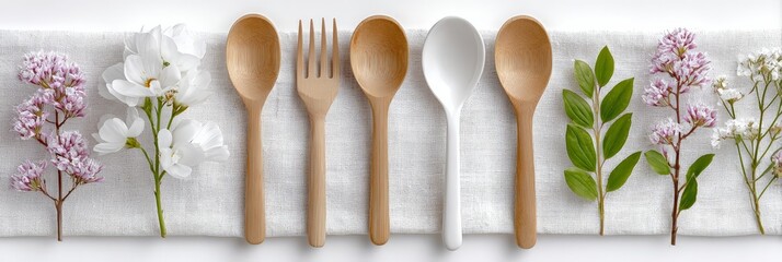 Eco-friendly wooden utensils and floral arrangement on white fabric background
