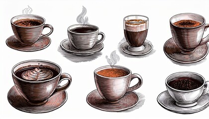 Hand drawn illustration of coffee cups. Vintage style sketch design with espresso and cappuccino elements, perfect for café menus or coffee-themed decorations. AI