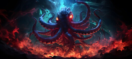 pop surreal unreal silhouettes spiral towards Kraken ifrit, ai generatif