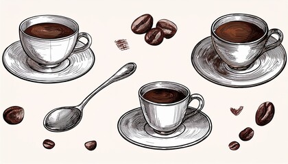 Hand drawn illustration of coffee cups, beans, and spoon. Vintage style sketch design with espresso and cappuccino elements, perfect for café menus or coffee-themed decorations. AI