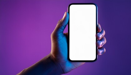 A black male hand holding a smartphone with a glowing white screen, illuminated under neon purple light. The vibrant background emphasizes the modern, tech savvy look of the device. AI