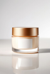 Luxurious cosmetic cream jar with gold lid on white background.