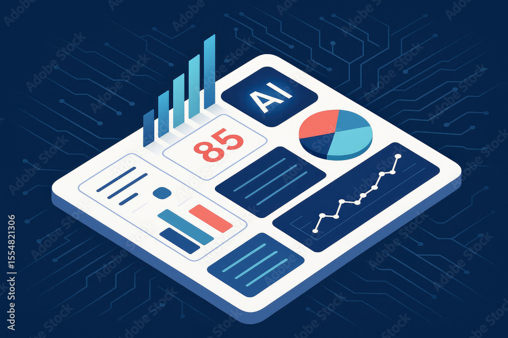 Poster isometric digital dashboard with charts and graphs technology data