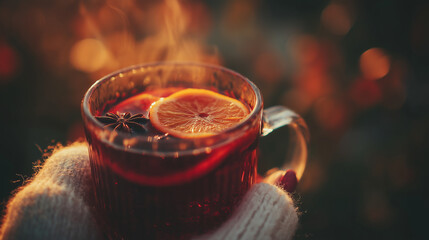 hot mulled wine in glass cup with orange slices and spices – cozy winter beverage concept perfect for seasonal food blogs, holiday ads, or recipe illustrations