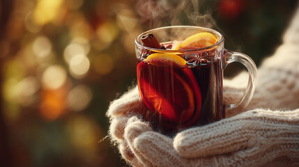 hot mulled wine in glass cup with orange slices and spices – cozy winter beverage concept perfect for seasonal food blogs, holiday ads, or recipe illustrations