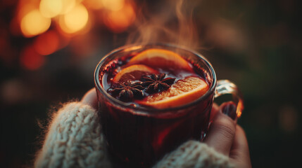 hot mulled wine in glass cup with orange slices and spices – cozy winter beverage concept perfect for seasonal food blogs, holiday ads, or recipe illustrations