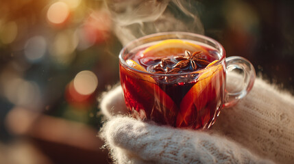 hot mulled wine in glass cup with orange slices and spices – cozy winter beverage concept perfect for seasonal food blogs, holiday ads, or recipe illustrations