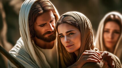 Jesus wearing white robes teaching and talking with people inside an ancient temple, biblical scene, spiritual guidance, peaceful atmosphere
