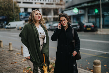 Two individuals strolling along a city sidewalk during daytime, engaged in conversation and phone...