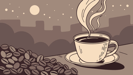 Nighttime Coffee Cup Illustration: Vintage Style Drawing of Coffee Beans and Cityscape at Night with Steam